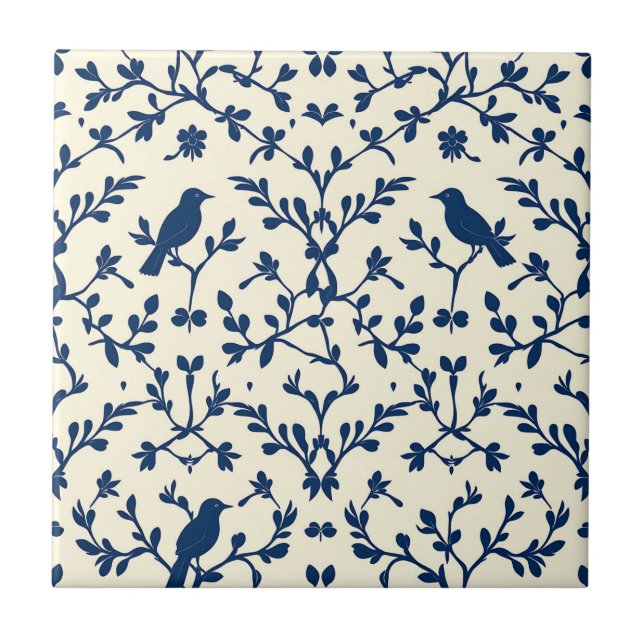 Classic Azul Marinho Silhueta de Pássaro Damask To (Frente)
