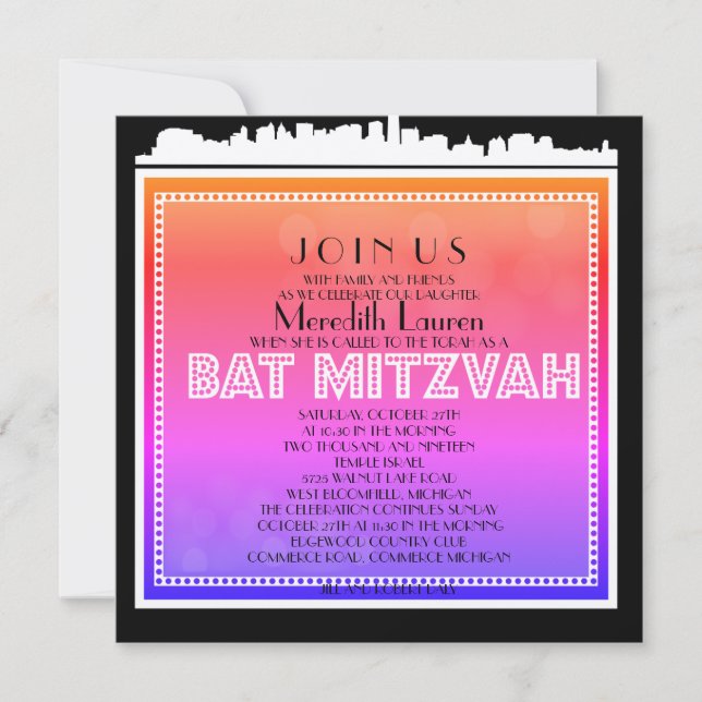CLASSIC Bat Mitzvah Bat BROADWAY Convite arco-íris (Frente)