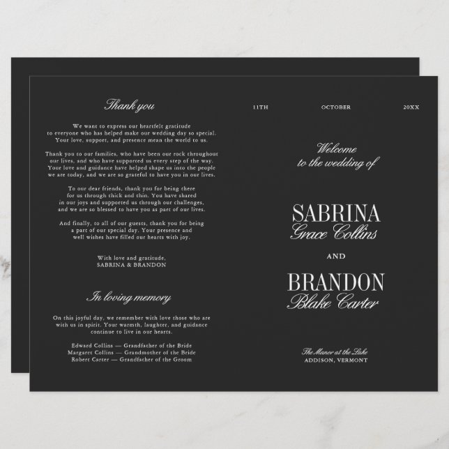 Classic Black & White Modern Wedding Program (Frente/Verso)