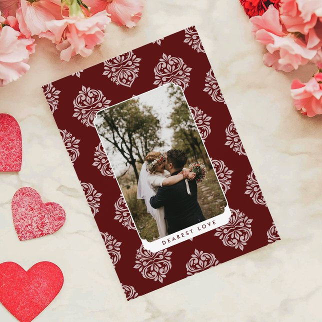 Classic Damask Elegant Script Valentine's Day Card (Criador carregado)
