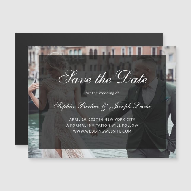 Classic Dark Overlay Photo Magnetic Save the Date (Frente/Verso)