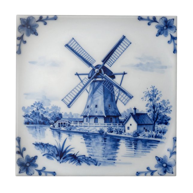 Classic Delft Blue Windmill Canal Scene (Frente)