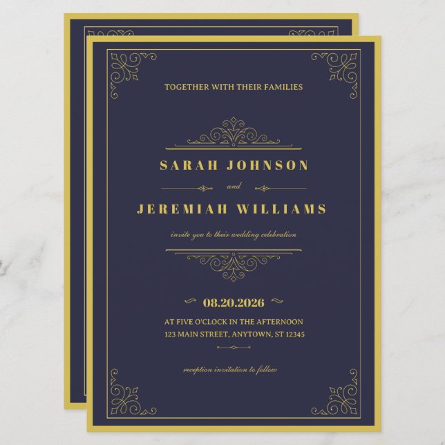 Classic Elegant navy-blue and Gold vintage Wedding (Frente/Verso)