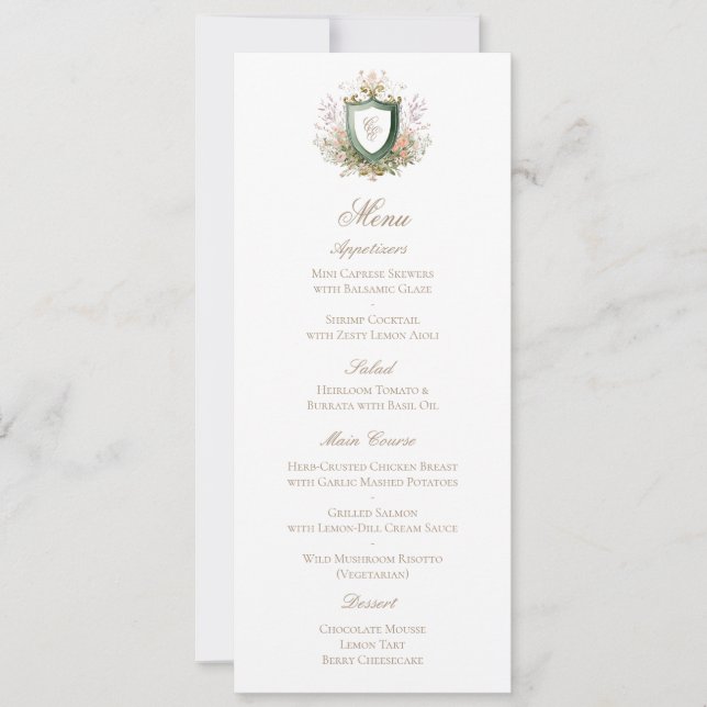 Classic Floral Monogram Crest Wedding Menu Card (Frente)