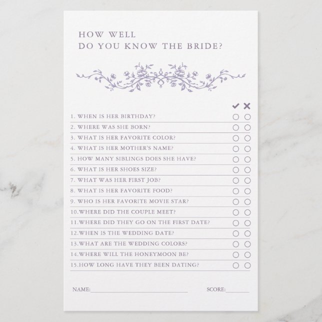 Classic French Lavender Bridal Shower Game  (Frente)