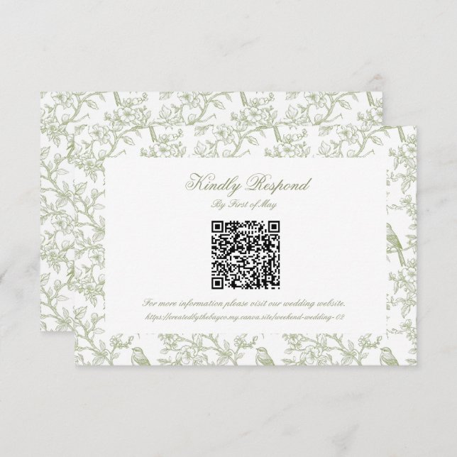 Classic Green Floral and Bird Toile QR code RSVP (Frente/Verso)