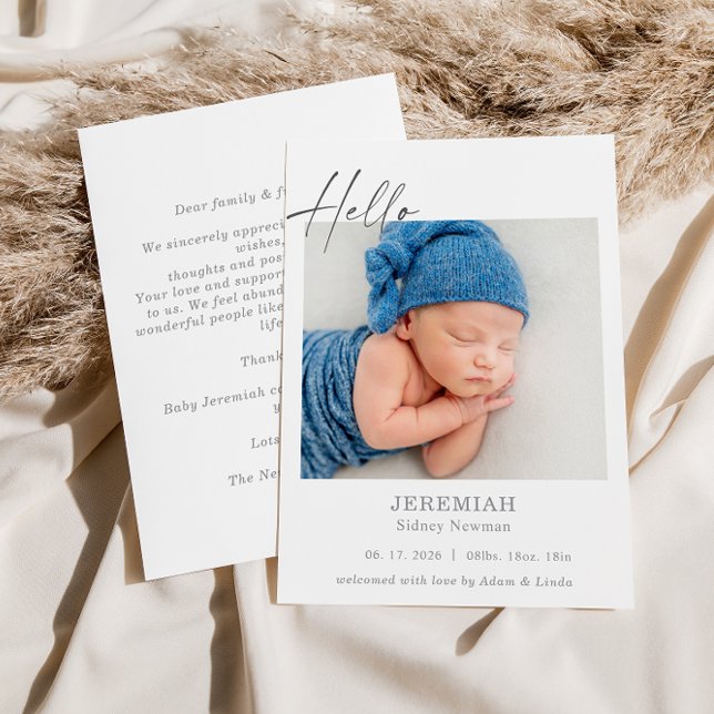 Classic Minimal Hello Baby Photo Announcement Card (Criador carregado)