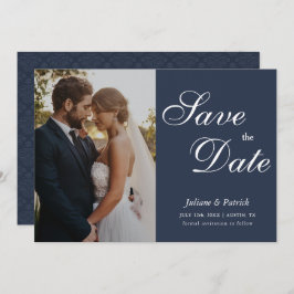 Classic Navy Blue Script Photo Save the Date