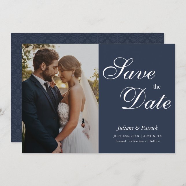Classic Navy Blue Script Photo Save the Date (Frente/Verso)