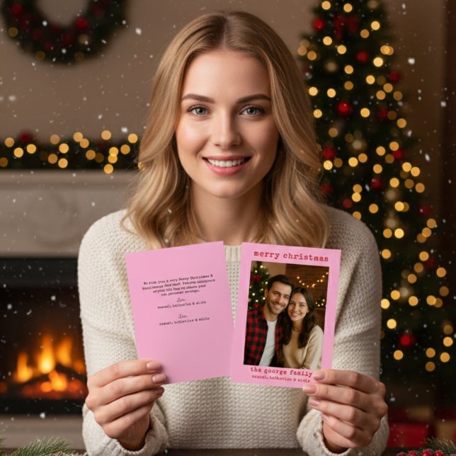 Classic Pink Festive Photo Collage Christmas Card (Criador carregado)