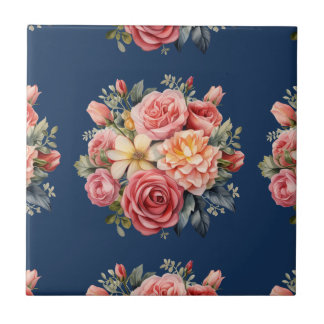 Classic Pink Roses Floral on a Blue Background