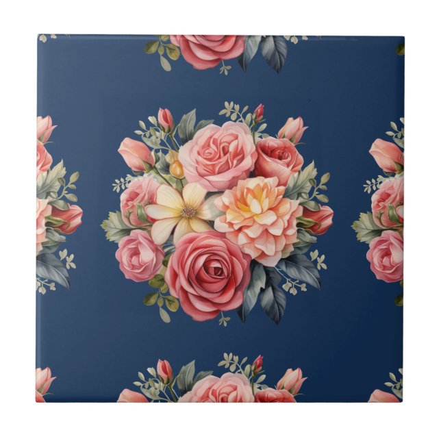 Classic Pink Roses Floral on a Blue Background (Frente)