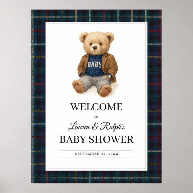 Classic Plaid Teddy Bear Baby Shower Poster (Frente)
