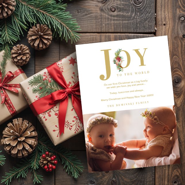 Classic Poinsettias Garland Joy To The World Photo (Classic Elegant Poinsettias Garland with Faux Gold "Joy to the World" Quote and Photo Holiday Cards.)