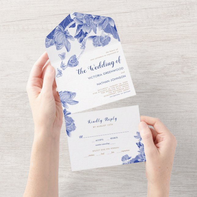 Clássico Azul & Branco Lotus Floral Chinoiserie (Aba destacável)