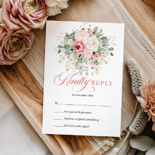 Clássico Boho Rosa Floral Verde Casamento RSVP 