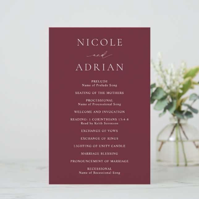 Clássico Burgundy Elegant Wedding Program (Em pé/Frente)