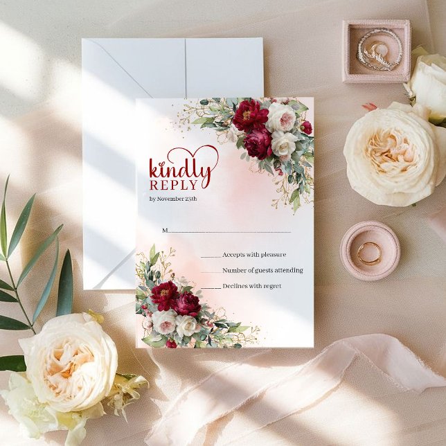 Clássico Casamento Bohemiano Resposta Marrom Doura (Classic Bohemian Maroon Gold Flowers Wedding RSVP)