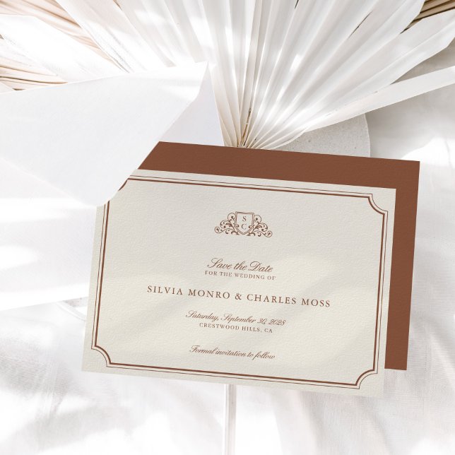 Clássico Castanho/Ecru Monograma de Casamento Salv (Classic Brown & Ecru Wedding Monogram Save the Date)