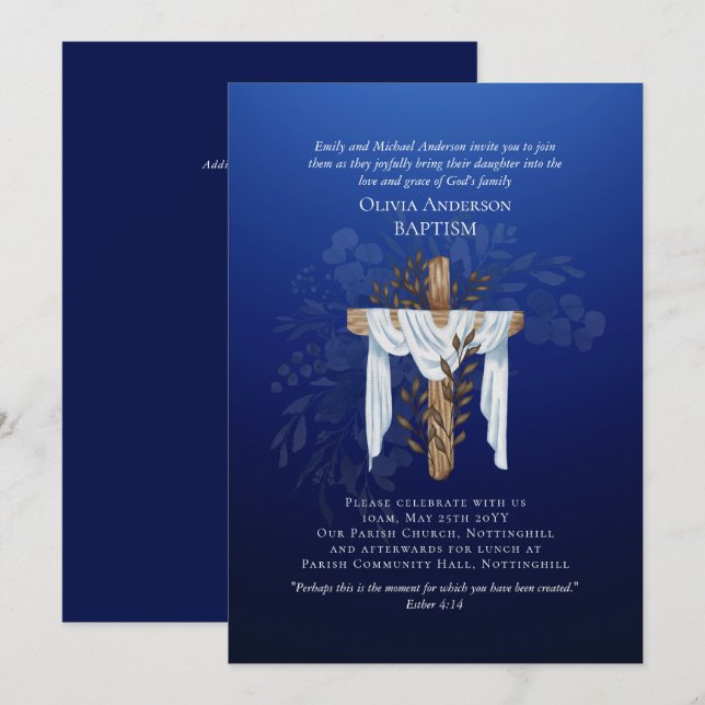 Clássico Elegante BAPTISM Invite Azul de Sapphire (Frente/Verso)