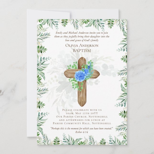 Clássico Elegante BAPTISM Invite Chrysanthamum Azu (Frente)