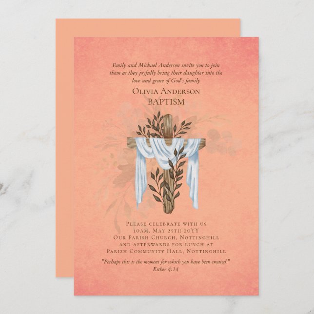 Clássico Elegante BAPTISM Invite Coral (Frente/Verso)