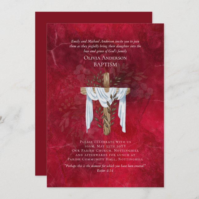 Clássico Elegante BAPTISM Invite Ruby Red (Frente/Verso)