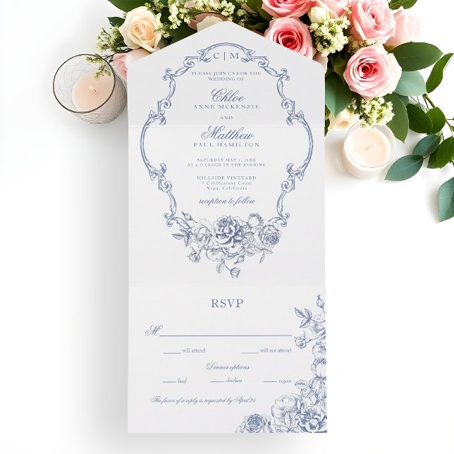 Clássico Elegante Pó Azul Floral Quadro Casamento (Criador carregado)