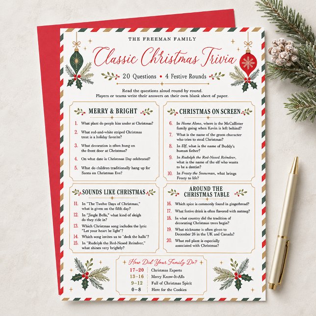Clássico Jogo de Trivia de Natal para a Família (Classic family Christmas trivia with 20 questions in four festive rounds.)