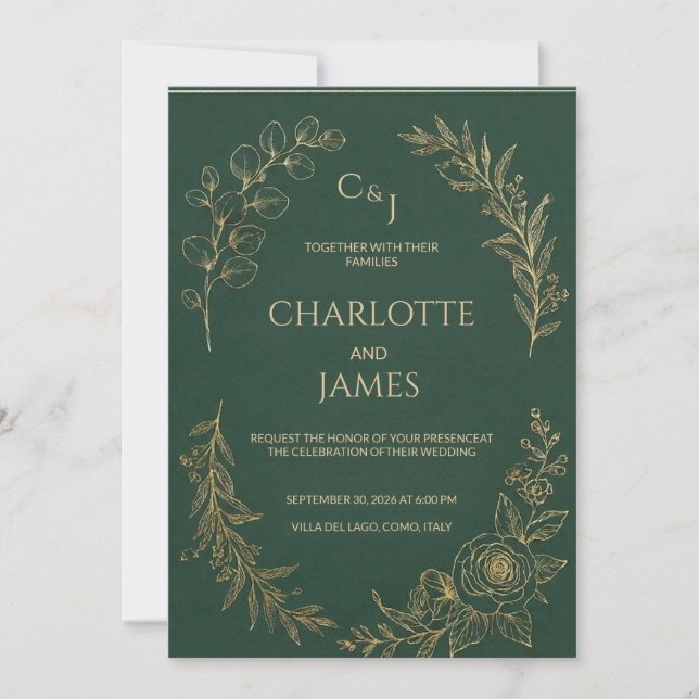Clássico Luxo | Convite de Casamento Verde Oliva E (Frente)