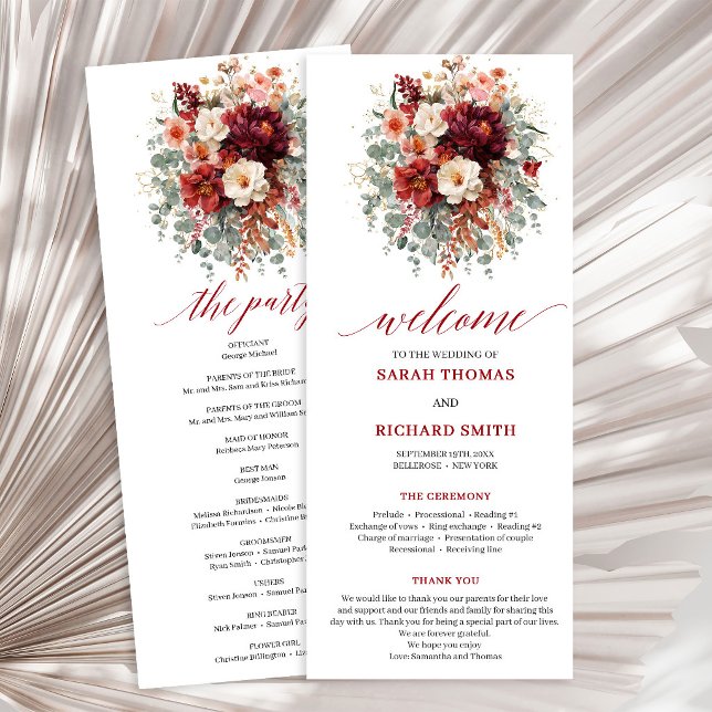 Clássico Programa de Casamento Floral Dourado Burg (Classic Burgundy Gold Floral Deep Red wedding program

)