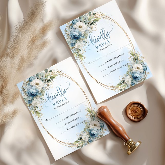 Clássico Resposta de Casamento em Azul Poeirento e (Classic Dusty Blue Eucalyptus Gold Wedding RSVP)