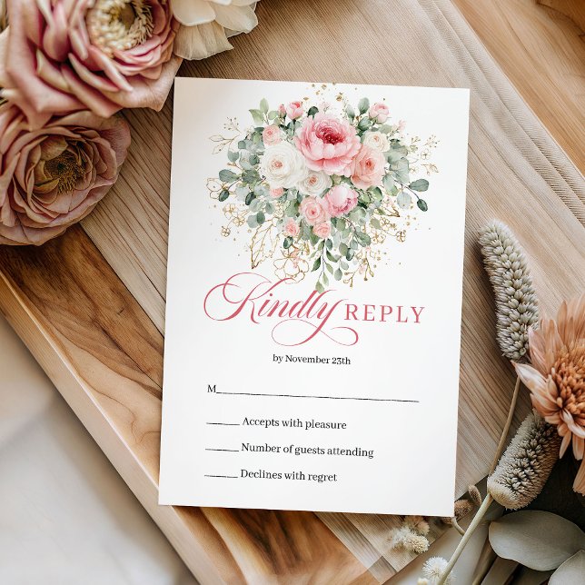 Clássico Resposta de Casamento Floral em Dourado e (Classic Bohemian Blush Gold Floral Wedding RSVP Card

)