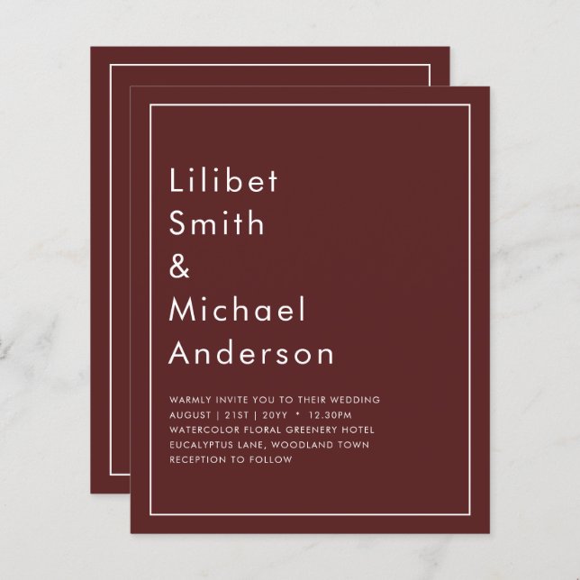Clássico Simples de Casamento Monocromático da Bor (Frente/Verso)