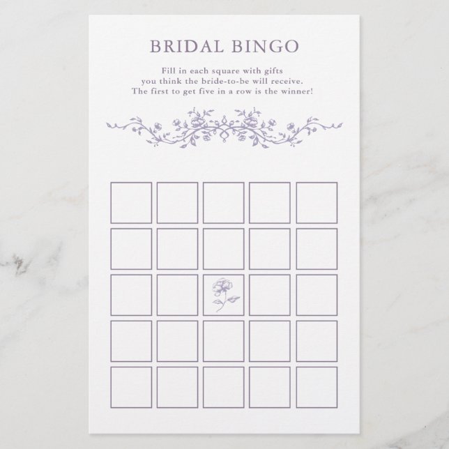 Classy French Lavender Floral Bridal Bingo Game  (Frente)