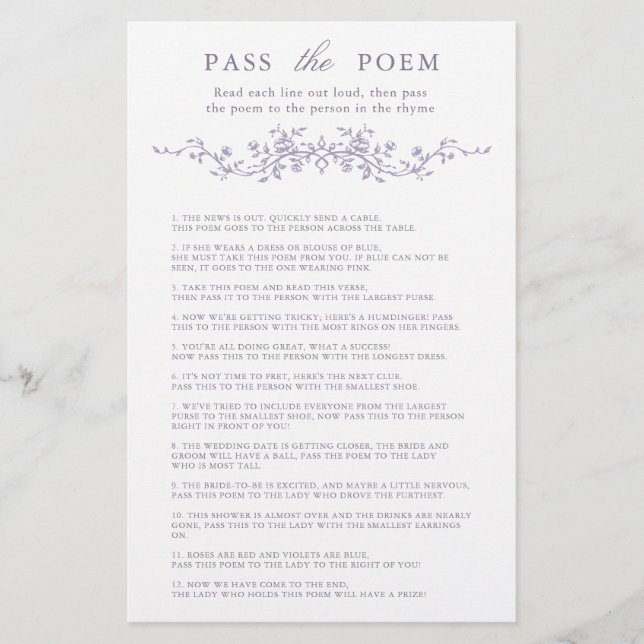 Classy Lavender Floral 'Pass the Poem' Game  (Frente)