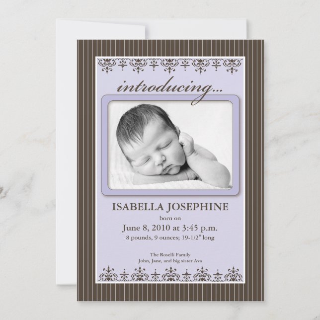 Classy Pinstripe Lilac 5x7" Anúncio de Nascimento (Frente)