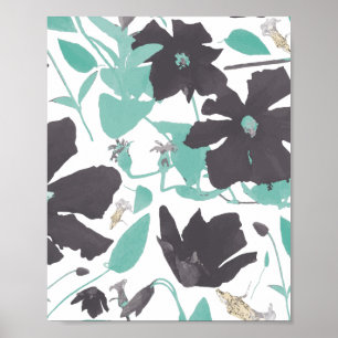 Clematis Floral Teal Brown Patterna Art Impressão
