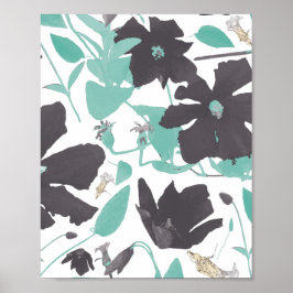 Clematis Floral Teal Brown Patterna Art Impressão