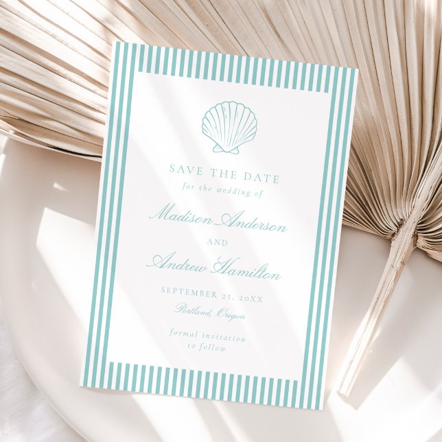 Coastal Aqua Stripe Shell Wedding Save the Date (Criador carregado)