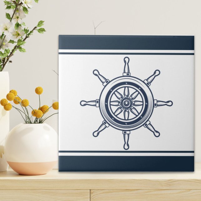 Coastal Blue Beach House Náutica (Coastal Blue Beach House Boat Ship Helm Nautical Ceramic Tile)