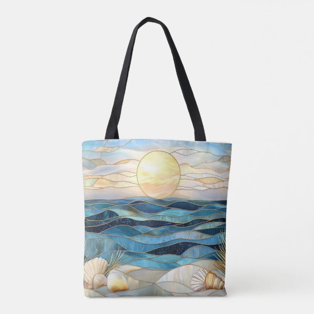 Coastal Stained Glass Ocean Sunset Tote Bag (Verso)