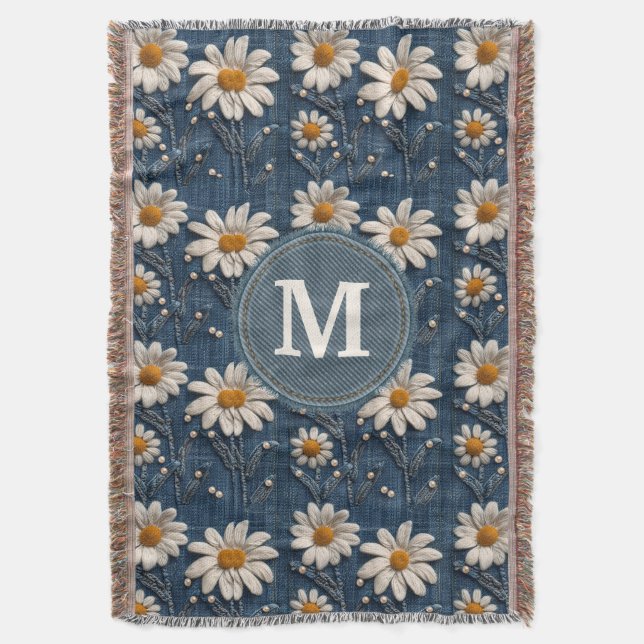 Cobertor 3D Daisy Embroidery Denim Custom Blanket  (Frente Vertical)