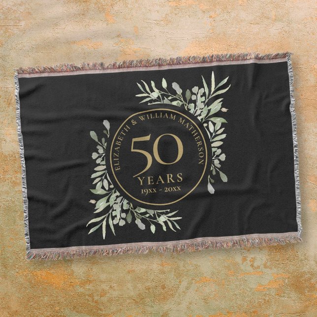 Cobertor 50º Aniversário do Casamento Folha Dourada Verde N (50th Wedding Anniversary Black Gold Greenery Leaf Throw Blanket)