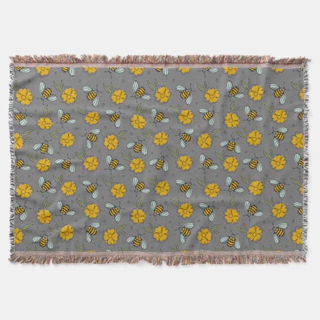Cobertor Abejas y Botones de Oro sobre Gris (Frente)