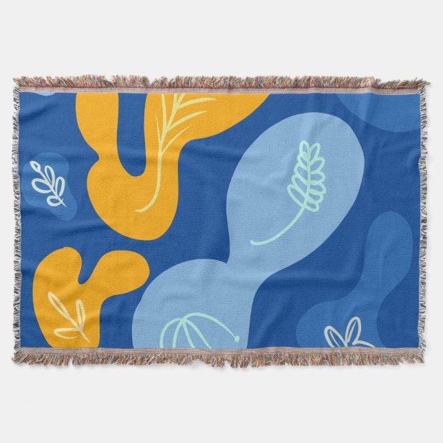 Cobertor Abstrato Botânico Blobs Azul Amarelo (Frente)