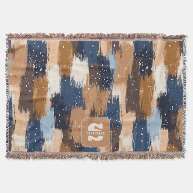 Cobertor Abstrato Brushstrokes em Azul, Branco e Marrom (2) (Frente)