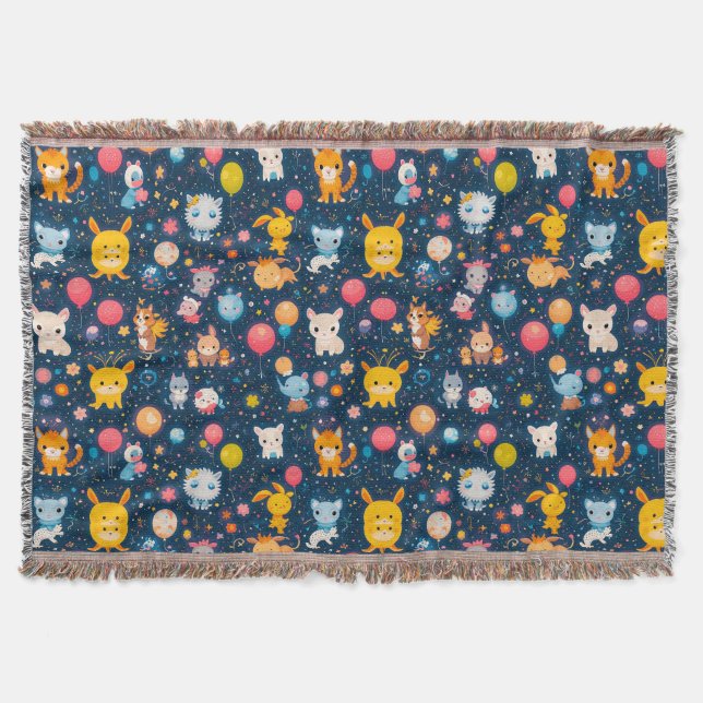 Cobertor Animais Fofos com Balões e Estrelas (Frente)