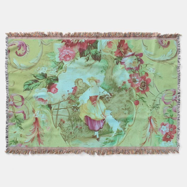 Cobertor Antiquado estilo Toile Rococo Vitoriano Verde (Frente)