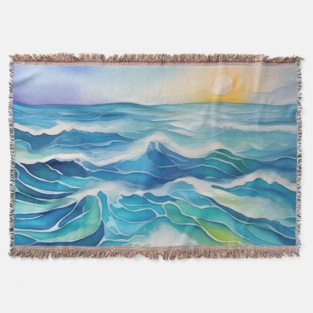 Cobertor Aquarela das ondas do mar sob o sol (Frente)